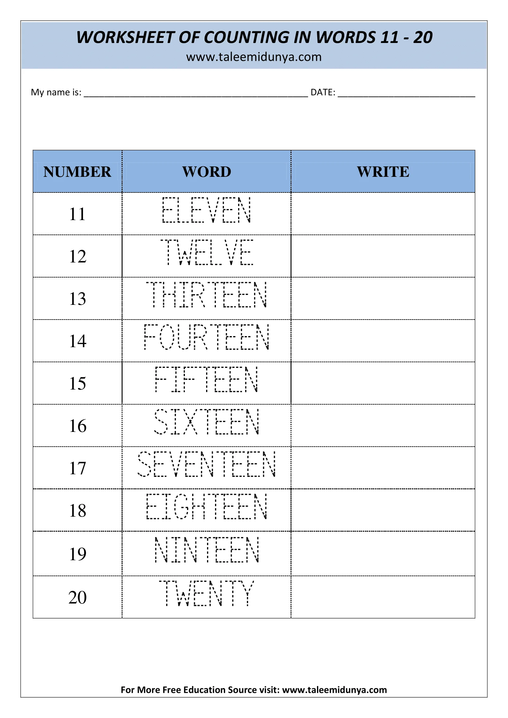 COUNTING IN WORDS 11-20